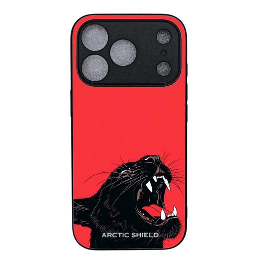 iPhone 17 Pro suojakuori MagSafe yhteensopiva – Arctic Shield musta panteri punaisella taustalla

