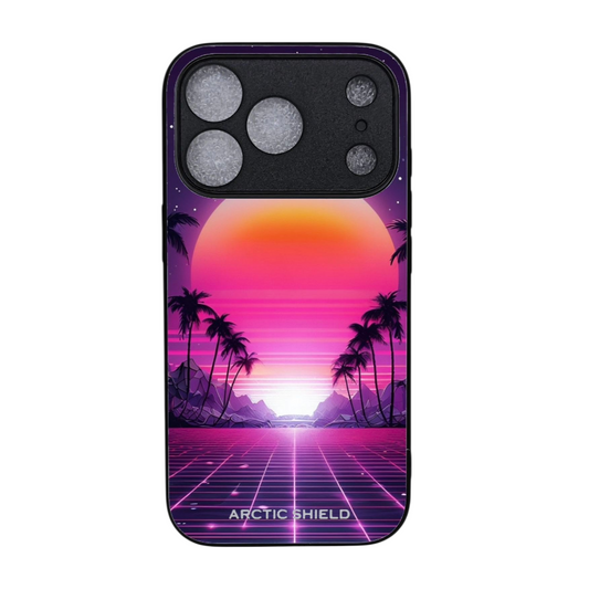 iPhone 17 Pro suojakuori MagSafe yhteensopiva – Arctic Shield retro auringonlasku neonvärinen palmu design

