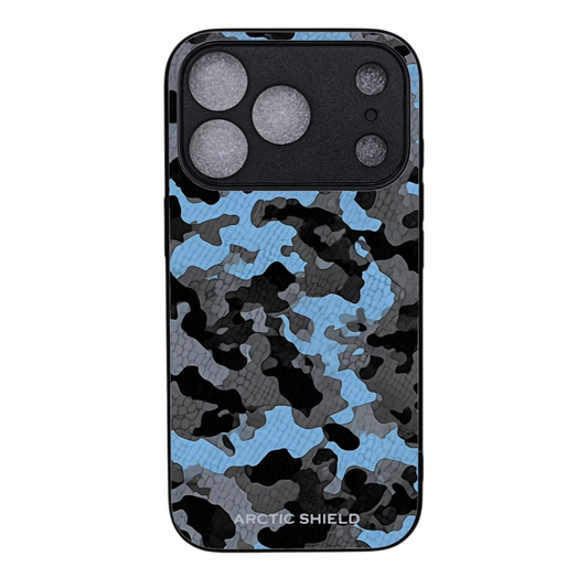 iPhone 17 Pro suojakuori MagSafe yhteensopiva – Arctic Shield sininen harmaa musta maastokuvio camouflage design

