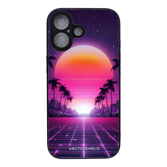 iPhone 17 suojakuori MagSafe yhteensopiva – Arctic Shield retro auringonlasku neonvärinen palmu design
