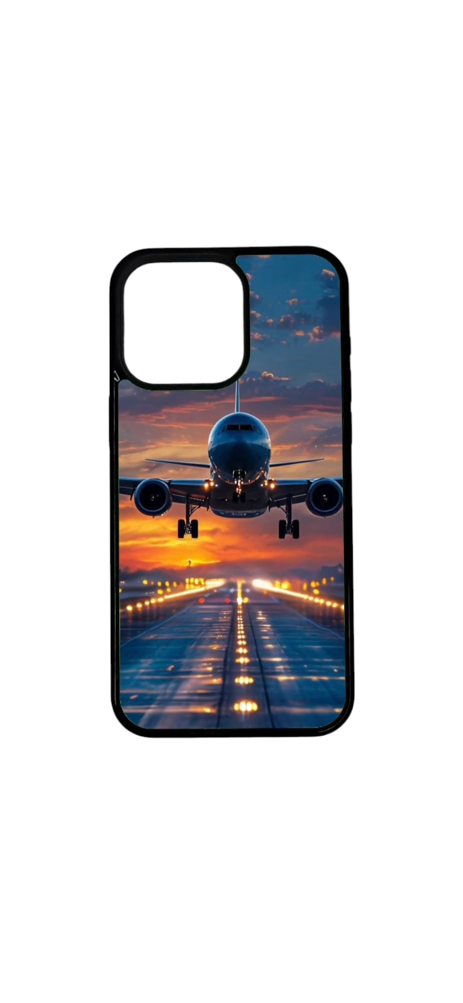 iphone-kuori jossa lentokone laskeutuu kiitotielle auringonlaskussa – magneettikuori