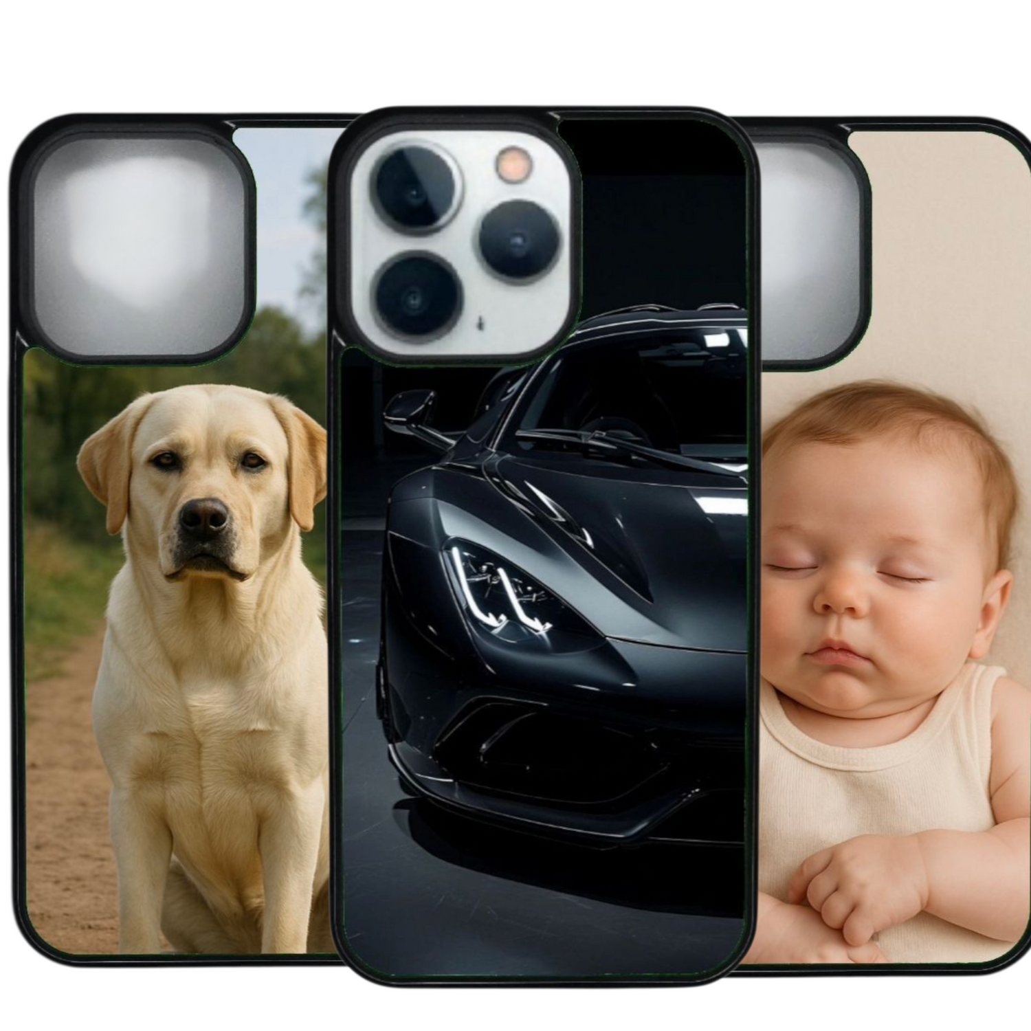 iPhone X / XS suojakuoret omalla kuvalla – koira, musta urheiluauto ja nukkuva vauva