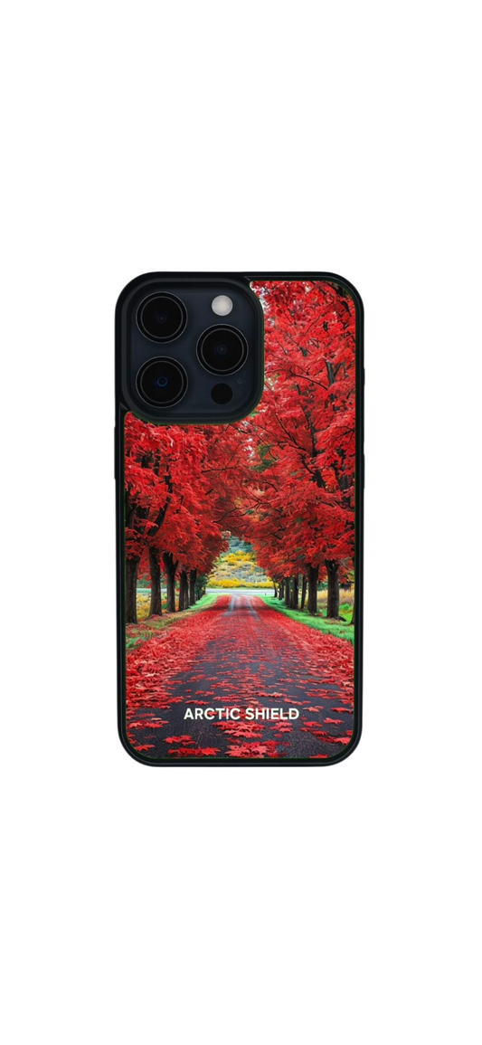  iPhone XS Max suojakuori Arctic Shield punainen syystie – iPhone kuori syksyisellä tiekuosilla