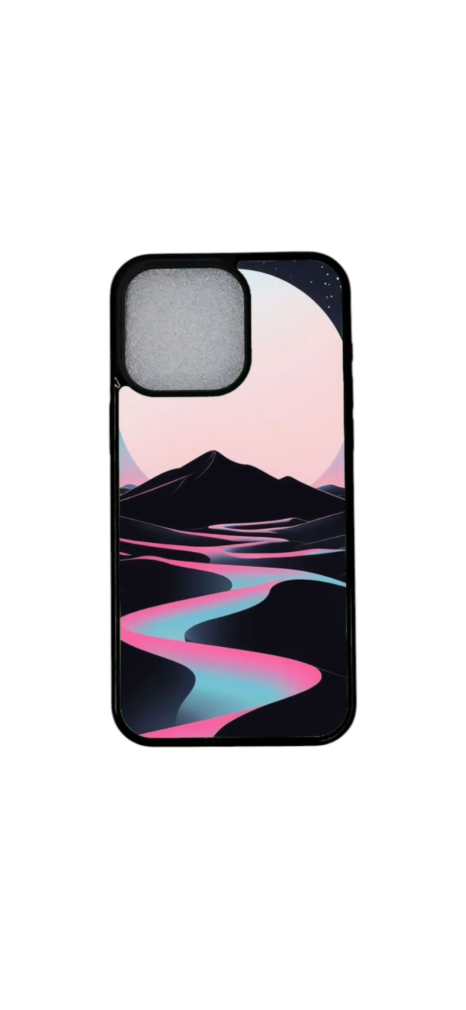 Neonvirta iPhone-kuori, magneetilla varustettu taiteellinen puhelinkuori, pinkki ja turkoosi vuorijokimaisema