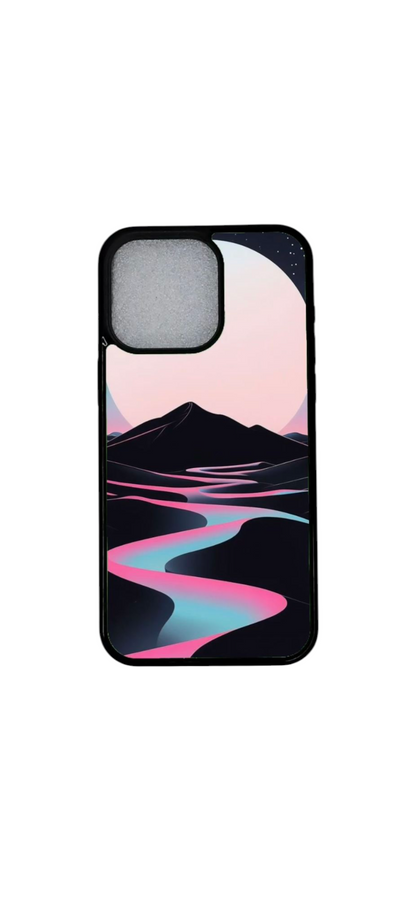 Neonvirta iPhone-kuori, magneetilla varustettu taiteellinen puhelinkuori, pinkki ja turkoosi vuorijokimaisema
