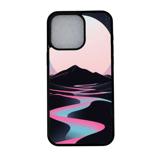 Neonvirta iPhone-kuori, magneetilla varustettu taiteellinen puhelinkuori, pinkki ja turkoosi vuorijokimaisema