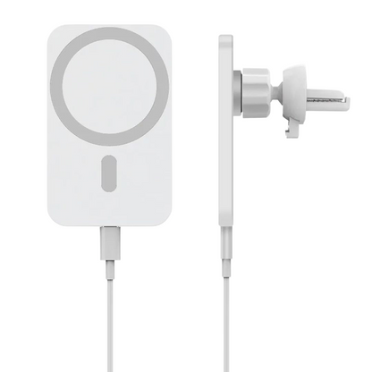 Valkoinen MagSafe-autolaturi kiinnitettynä auton ilmastointiritilään – tyylikäs ja siisti asennus