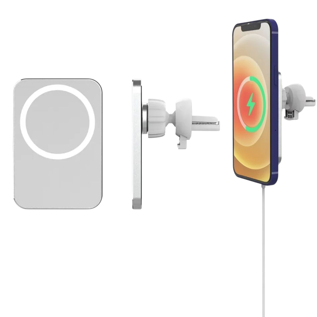 Valkoinen MagSafe-autolaturi käytössä – iPhone latauksessa ilmastointiritilässä