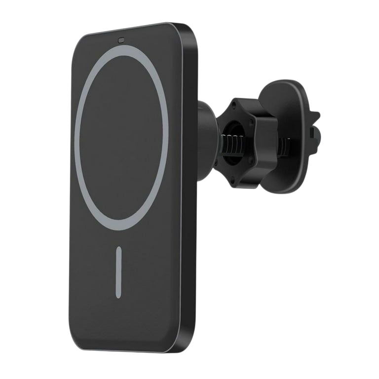  MagSafe-laturi ja iPhone autotelineessä sivulta katsottuna