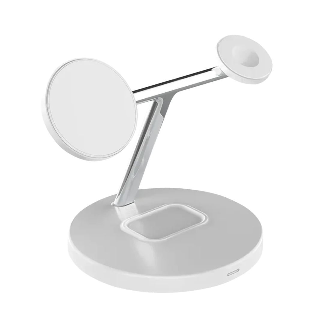 Magneettinen valkoinen 3-in-1 MagSafe-latausteline viistosti vasemmalta