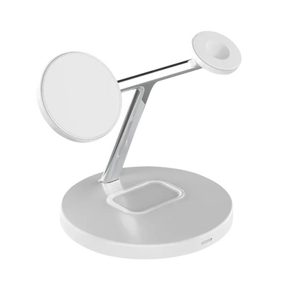 Magneettinen valkoinen 3-in-1 MagSafe-latausteline viistosti vasemmalta