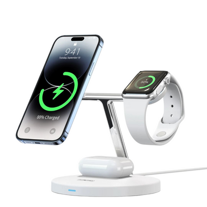 Valkoinen laturi iPhone 3-in-1 MagSafe-teline – katselukulma viistosta