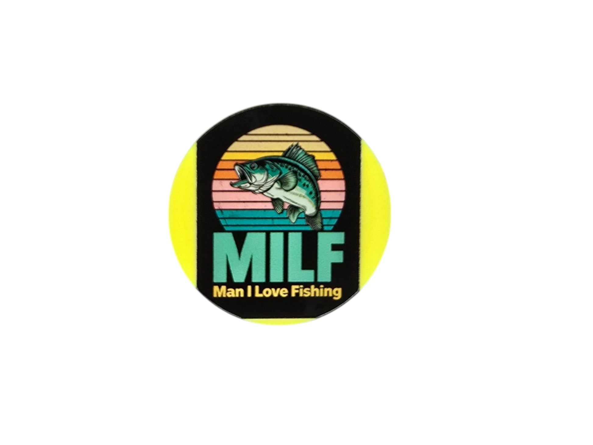 Ylhäältä kuvattu MILF – Man I Love Fishing -aiheinen puhelimen pidike keltaisella taustalla.