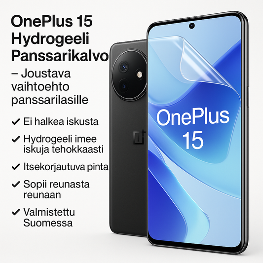 OnePlus 15 -puhelin ja Arctic Shield hydrogeeli panssarikalvo puoliksi asennettuna – joustava vaihtoehto panssarilasille, reunasta reunaan suoja, ei halkea iskusta.