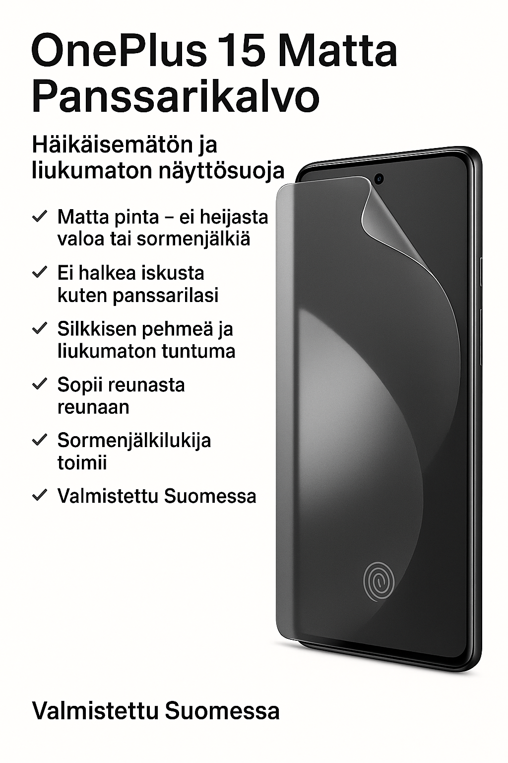 OnePlus 15 ja Arctic Shield matta panssarikalvo – heijastamaton, ei halkea iskusta, sormenjälkilukija toimii.