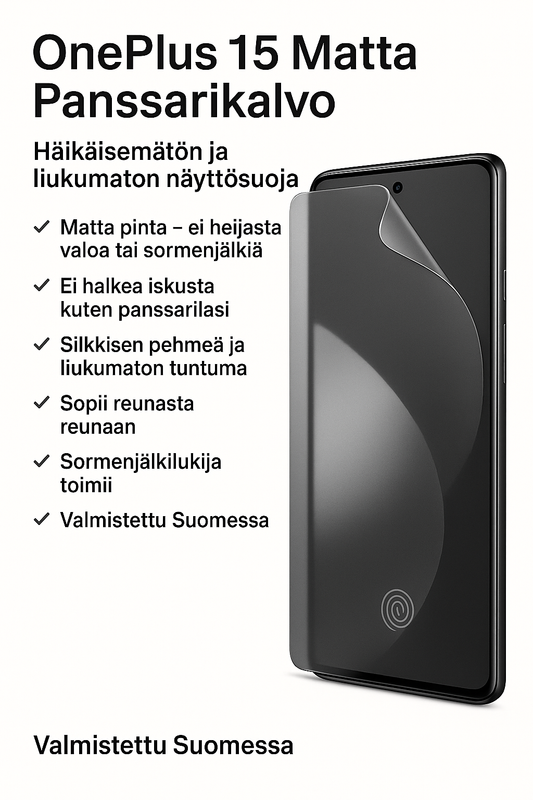 OnePlus 15 ja Arctic Shield matta panssarikalvo – heijastamaton, ei halkea iskusta, sormenjälkilukija toimii.