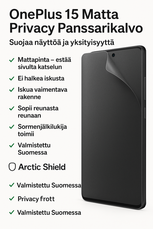 OnePlus 15 ja Arctic Shield matta privacy panssarikalvo – heijastamaton ja sivulta katseen estävä näyttösuoja.