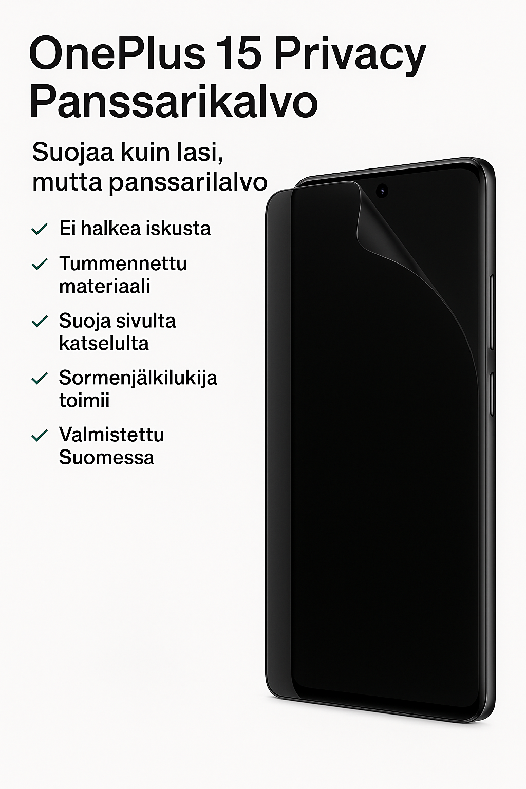 OnePlus 15 ja Arctic Shield Privacy panssarikalvo – tumma näytönsuoja, estää sivukatselun ja sormenjälkilukija toimii.