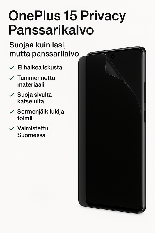 OnePlus 15 ja Arctic Shield Privacy panssarikalvo – tumma näytönsuoja, estää sivukatselun ja sormenjälkilukija toimii.