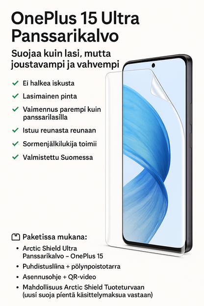 OnePlus 15 ja Arctic Shield Ultra panssarikalvo – lasimainen joustava suoja, ei halkea, täydellinen istuvuus.