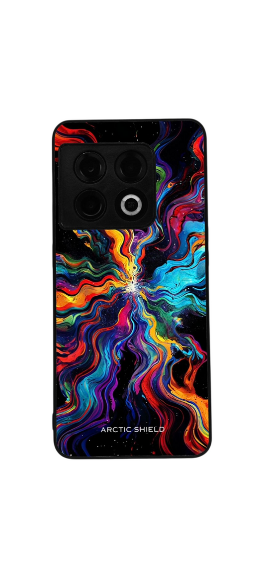 OnePlus Nord Arctic Shield suojakuori – värikäs abstrakti kuosi mustalla taustalla