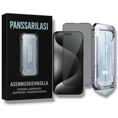 Privacy panssarilasi iPhone 15 Plus – näyttö näkyy vain edestä, mukana asennuskehikko