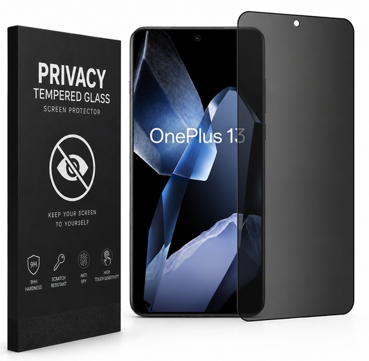 Privacy panssarilasi OnePlus 13 -puhelimeen mustalla suojalasilla ja tuotepakkauksella