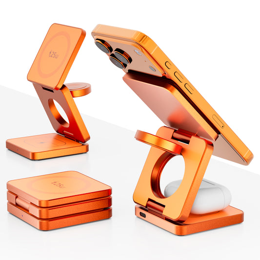 Qi2.2 25W 3-in-1 MagSafe-latausteline alumiinirungolla iPhonelle, Apple Watchille ja AirPods-kuulokkeille