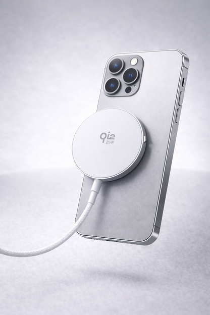 Qi2 laturi 25W hopea magneettinen langaton laturi kiinnittymässä iPhoneen