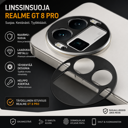 Realme GT 8 Pro linssinsuoja – kameran linssin suojalasi mustalla metallikehyksellä