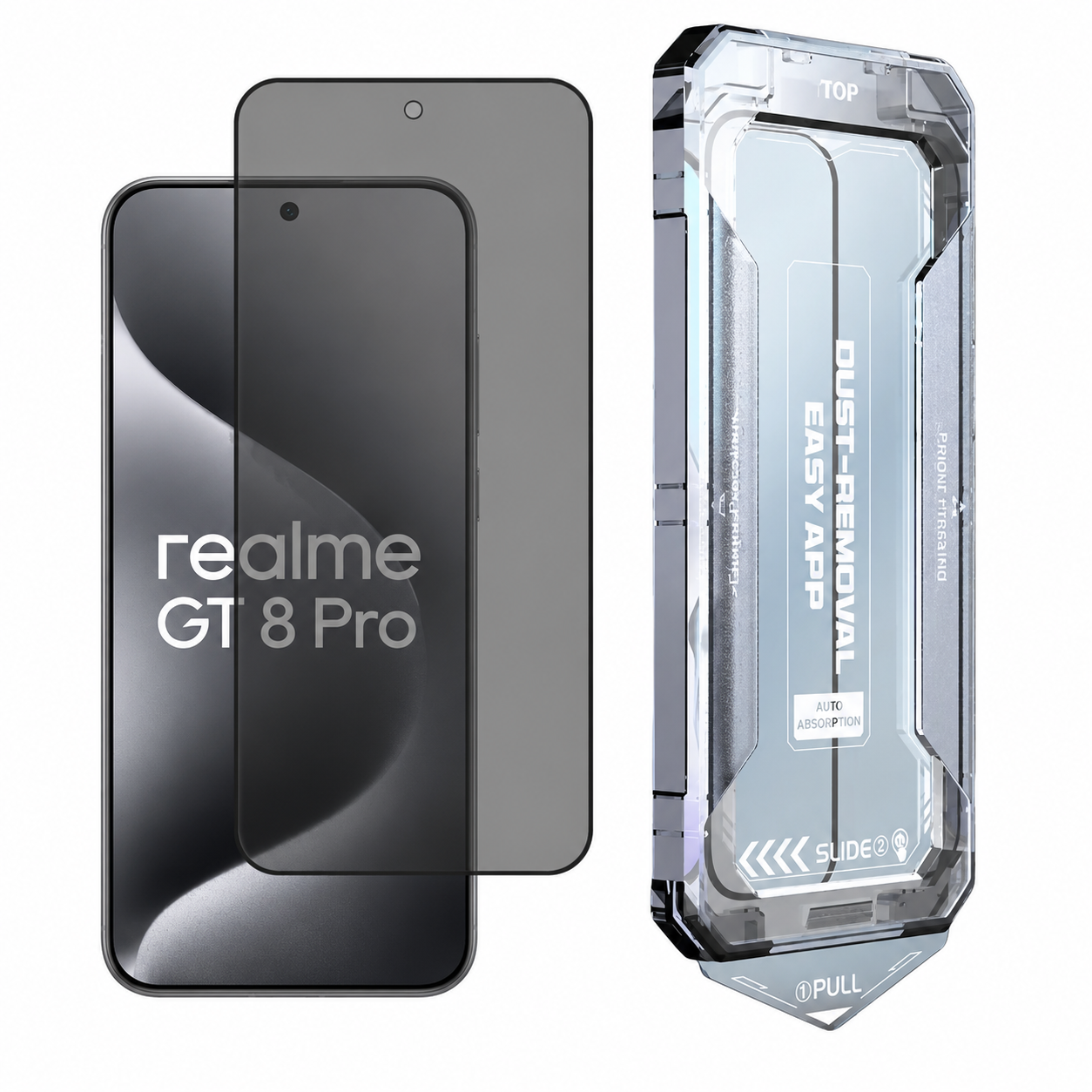 Realme GT 8 Pro privacy panssarilasi asennuskehikolla – 9H yksityisyyssuojallinen näytönsuoja