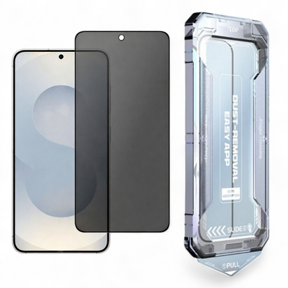 Samsung Galaxy S25 Ultra privacy-panssarilasi ja kuplaton asennuskehikko näytöllä