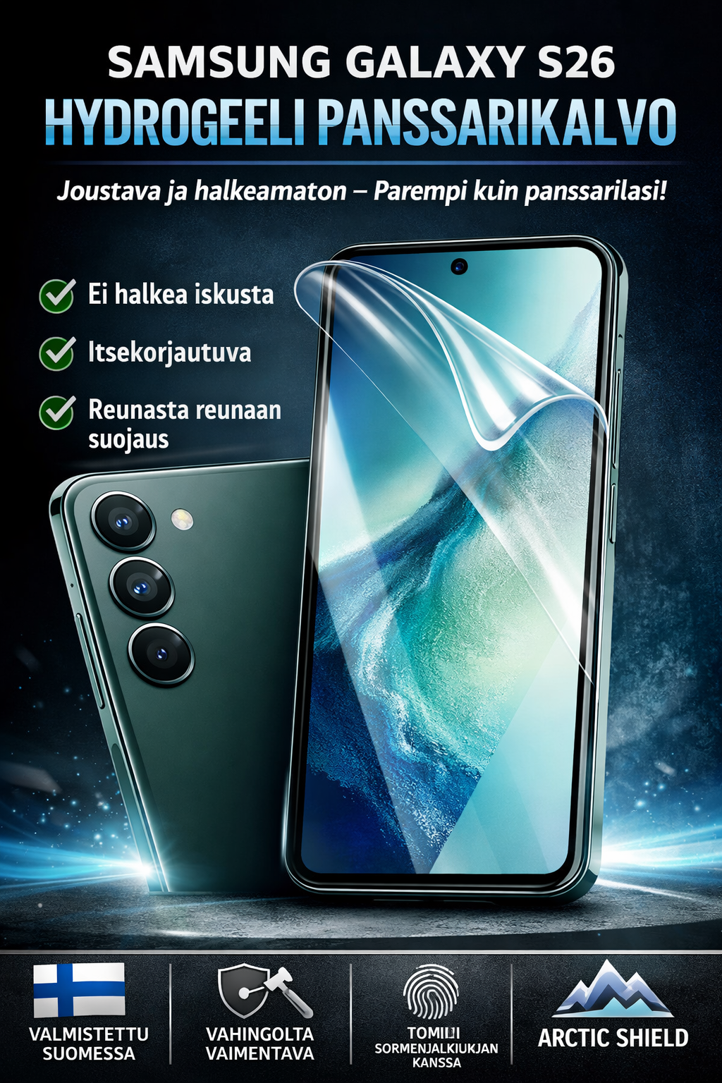 Samsung Galaxy S26 hydrogeeli panssarikalvo – halkeamaton ja joustava vaihtoehto panssarilasille, Arctic Shield