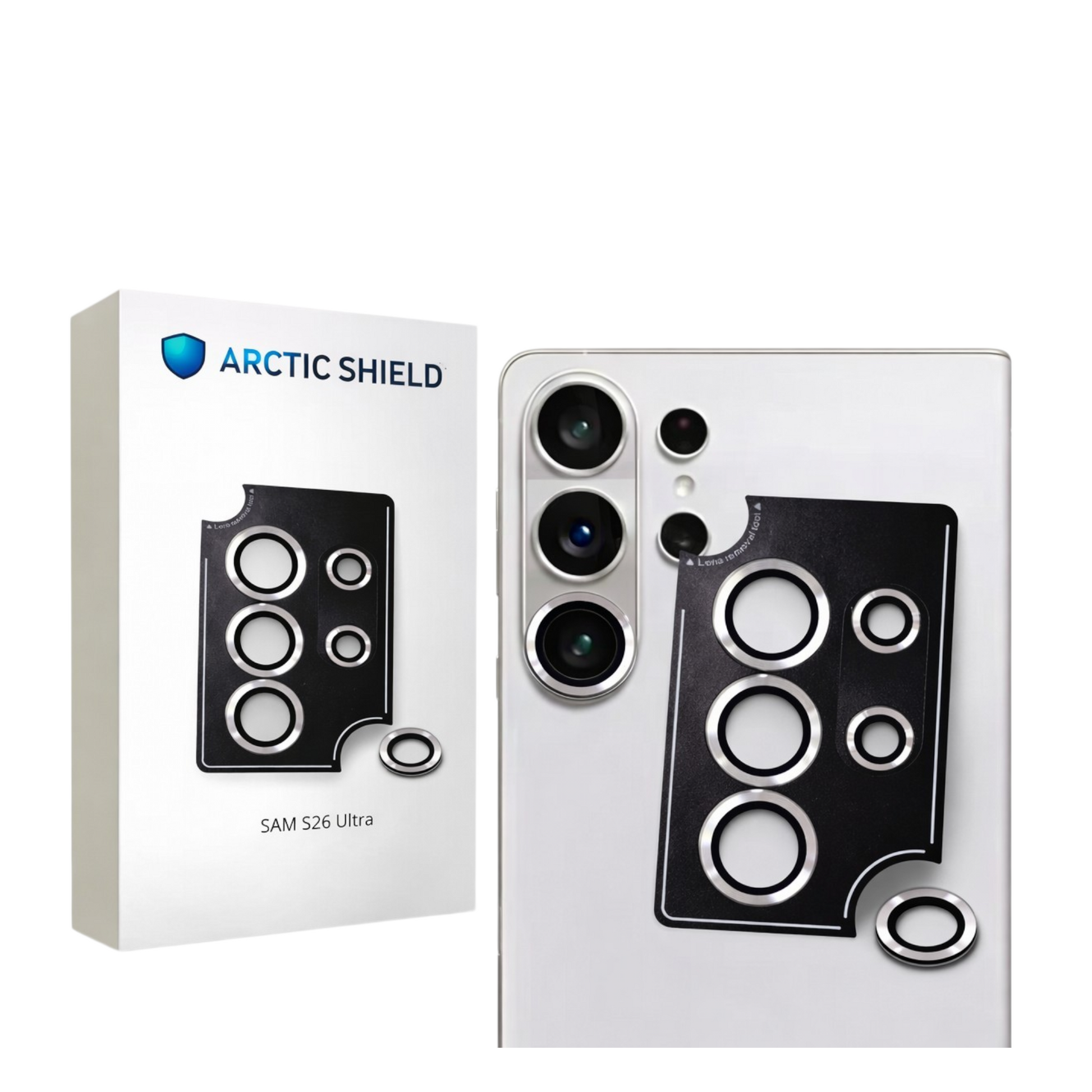 Samsung Galaxy S26 Ultra linssinsuojat ja Arctic Shield pakkaus