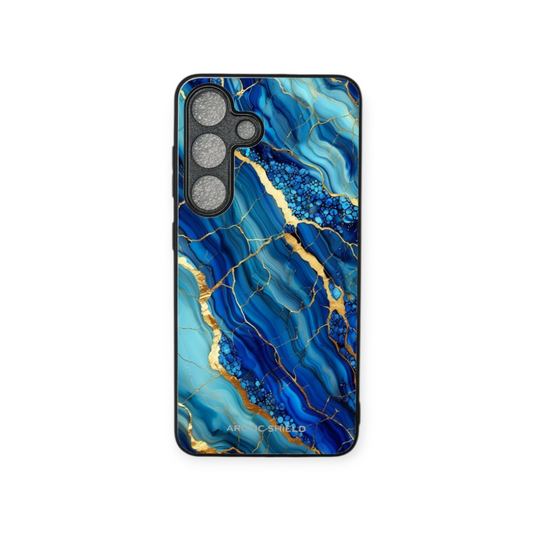 Samsung S24 suojakuori – Sininen marmori ja kultaiset juovat, elegantti Arctic Shield -design

