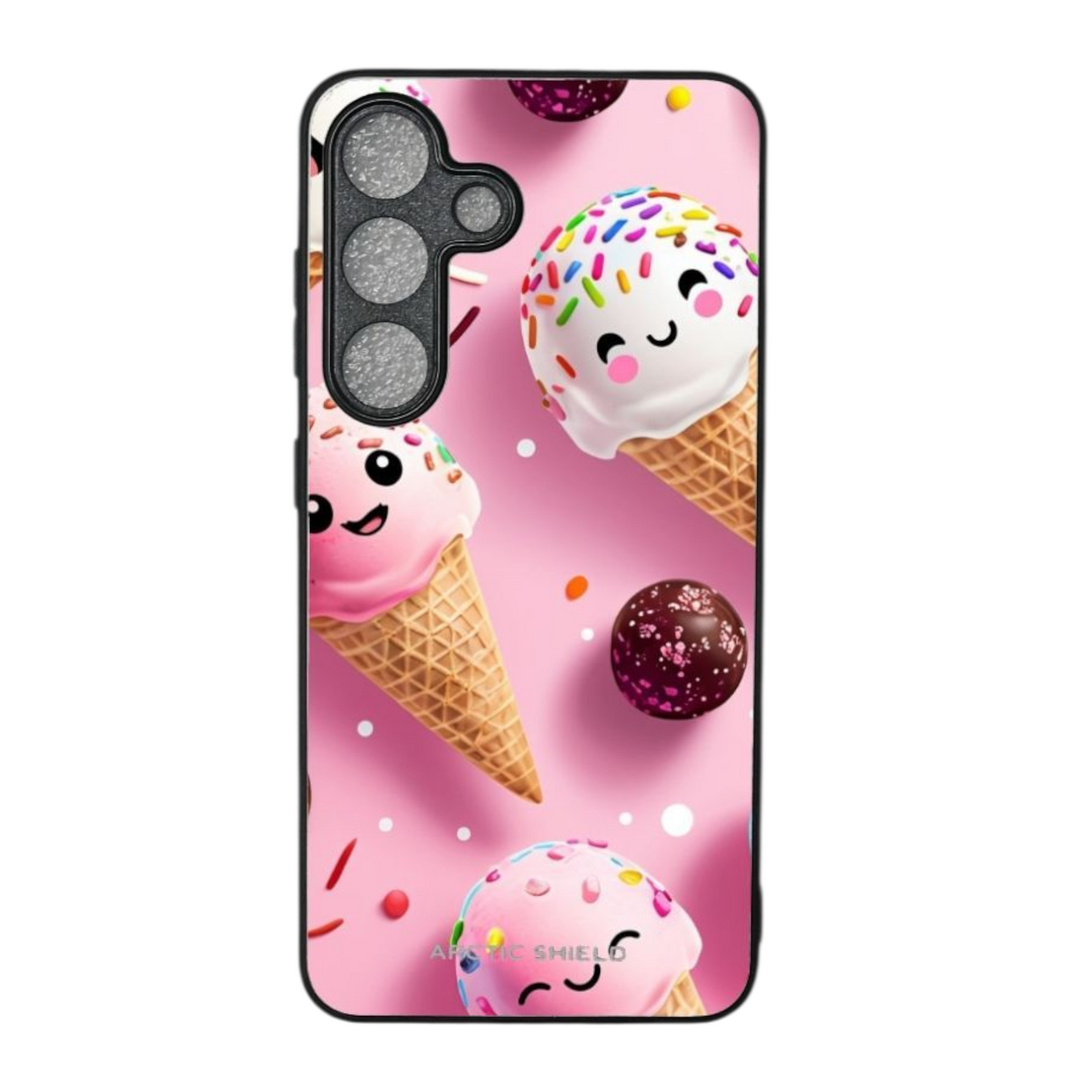 Samsung S25 Edge suojakuori – Hymyilevät jäätelöt, pinkki tausta ja Arctic Shield -design