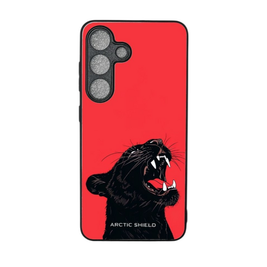 Samsung S25 Ultra suojakuori – Musta pantteri punaisella taustalla, suomalainen Arctic Shield -kuori