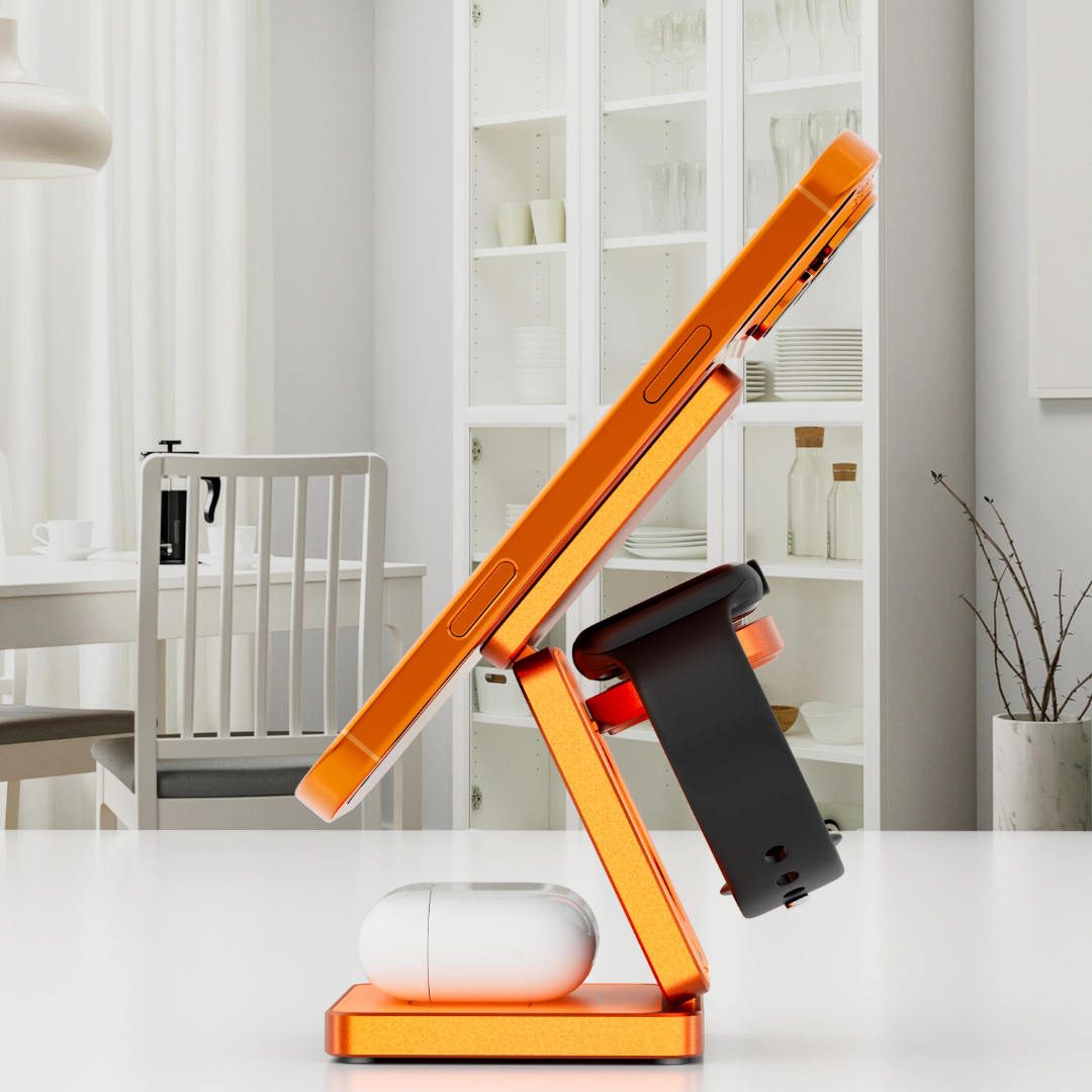 Oranssi taittuva MagSafe langaton latausteline kotitoimistossa – 25W nopea lataus ja magneettinen kiinnitys iPhone 12–17 -malleille